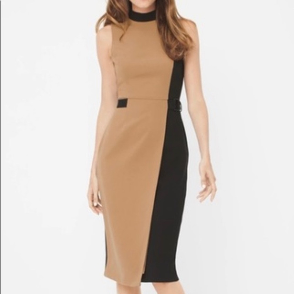 WHBM Mock Neck Midi Sheath Dress in Black and Tan Size 4.